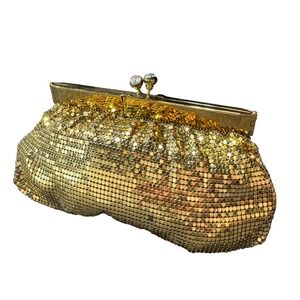 Vintage Gold Mesh Evening Clutch Bag Rhinestone Kiss Lock Formal Wedding Pouch